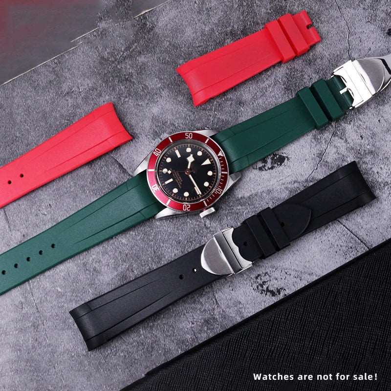 22mm Natural Rubber Silione watch band Special for Tudor Black Bay GMT Curved End Pin/Folding buckle Black Blue Red Wrist Strap