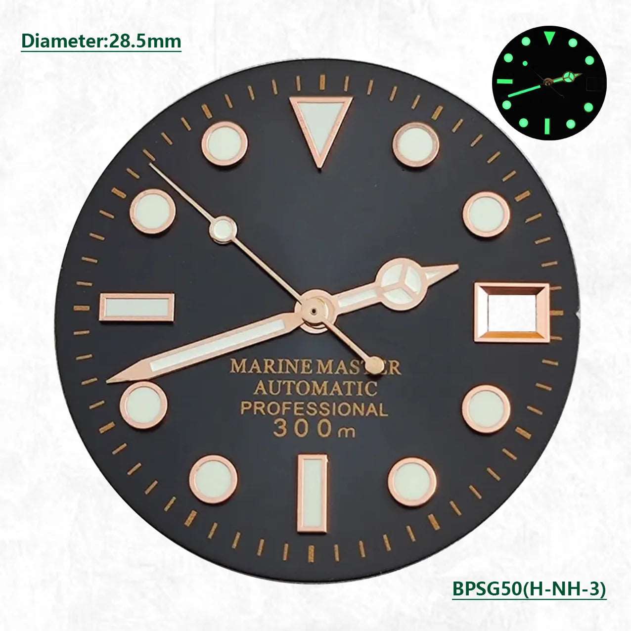 28.5mm SUB Green Glow Hot Selling Green Blue Black dial Silver Gold Rose Gold needle set NH35 and NH36 automatic movement