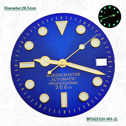 28.5mm SUB Green Glow Hot Selling Green Blue Black dial Silver Gold Rose Gold needle set NH35 and NH36 automatic movement