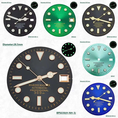 28.5mm SUB Green Glow Hot Selling Green Blue Black dial Silver Gold Rose Gold needle set NH35 and NH36 automatic movement