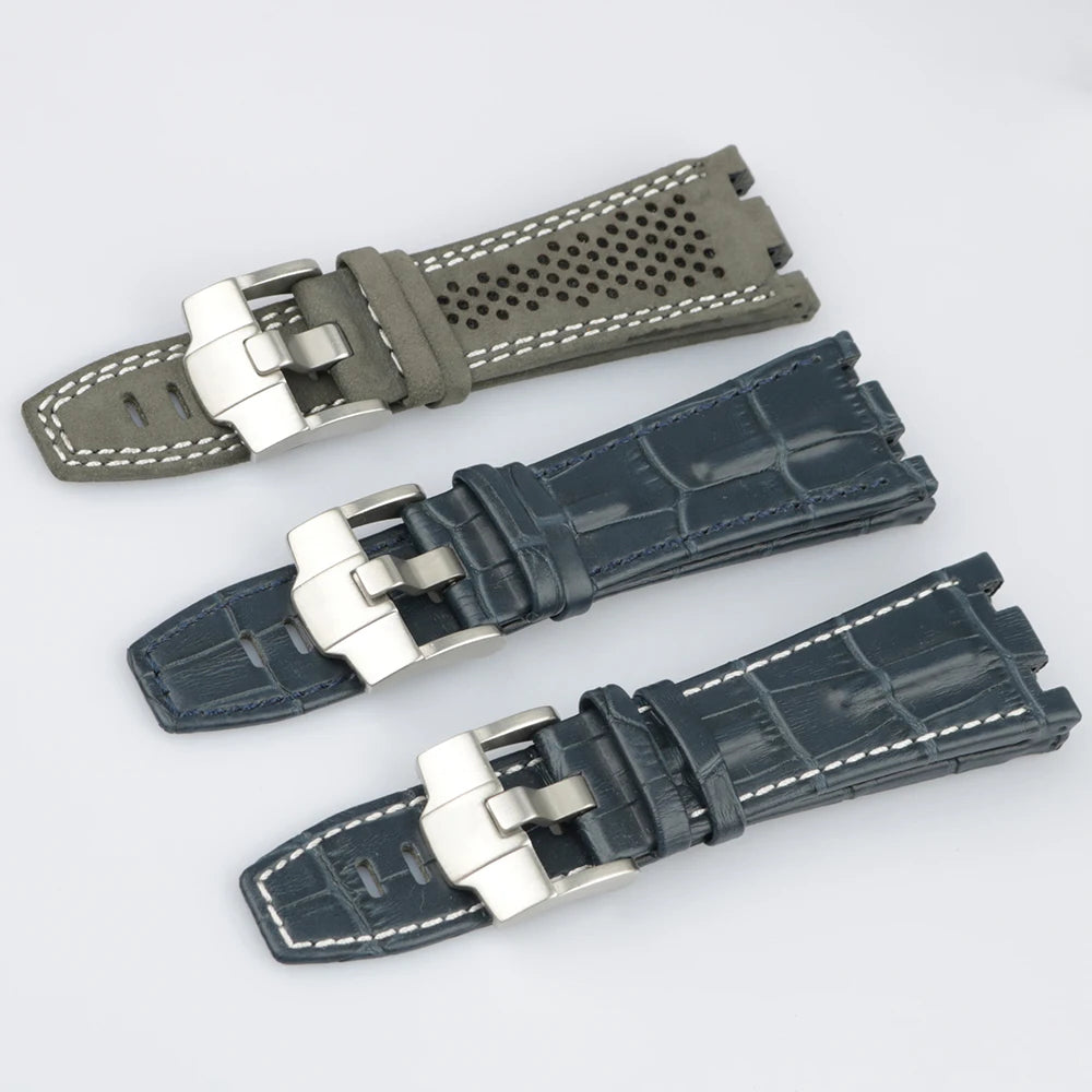 CARLYWET 28mm Real Leather Thick Wrist Watch Band Strap Belt With Brushed Buckle For AP Audemars Piguet 42mm Royal Oak Offshore