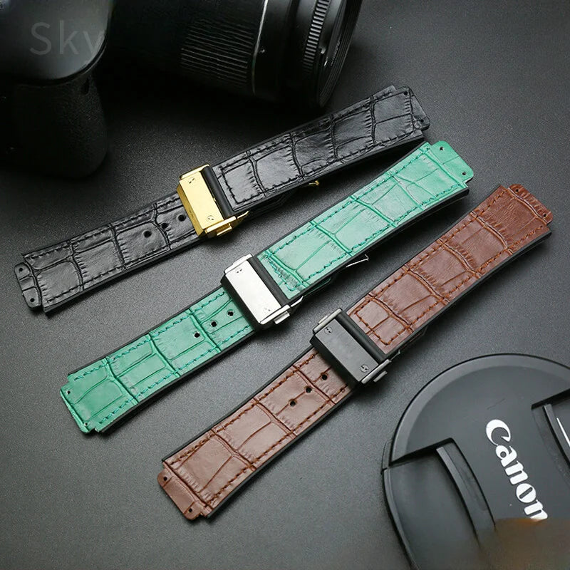 With Tool 19mm Crocodile Pattern Genuine Leather Watchbands for Hublot Yubo Watch Convex Interface Waterproof Accessories