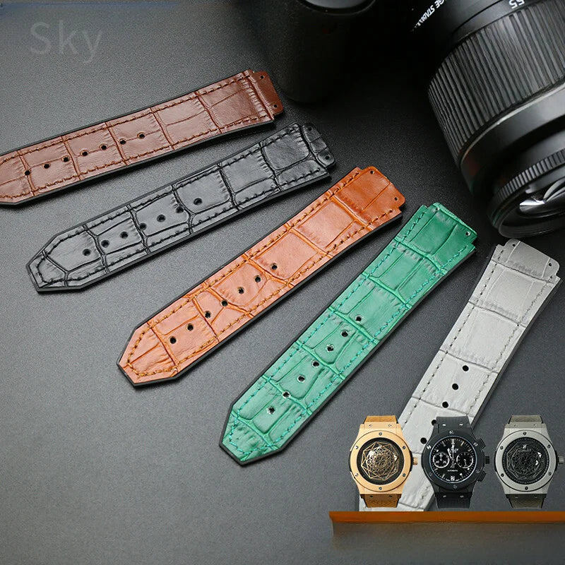 With Tool 19mm Crocodile Pattern Genuine Leather Watchbands for Hublot Yubo Watch Convex Interface Waterproof Accessories