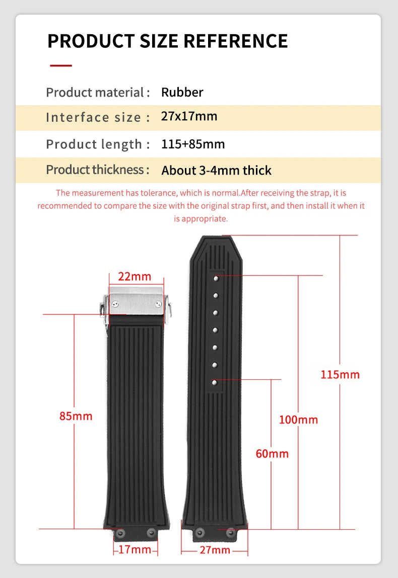 Soft Comfortable Steel Buckle Watch Strap for HUBLOT Yubo Big Bang Series Tattoo Waterproof Silicone Watchbands 27 X17mm