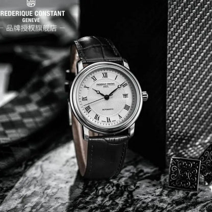 Luxury Simple  Watch for Men Frederique Constant Casual Auto Date Dial Wristwatch Premium Leather Strap Quartz  Movement