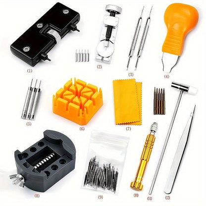 132pcs Watch Repair Tool Kit, Repair Tools, Watch Battery Replacement Tool Kit, Professional Watch Tool Kit, with Watch Strap Link Disassembly Tool, with 6 Extra Pins and Strap Tools, Strap Pins have 18 Sizes, Suitable for Watch Repair, It is an Ideal GifYU240383