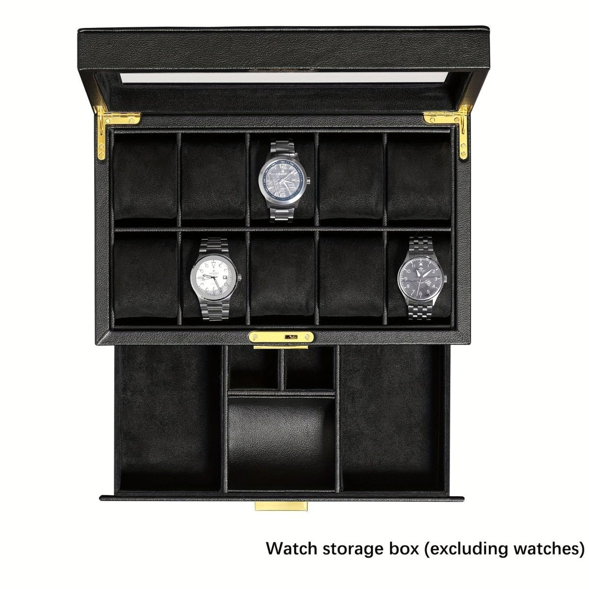 10 Slot Watch Box With Valet Drawer - Luxury Watch Case Display Organizer, Ultra Soft Microsuede Liner, Locking Jewelry Watches Holder With Large Glass Top (Black/Black)RE309356