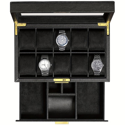 10 Slot Watch Box With Valet Drawer - Luxury Watch Case Display Organizer, Ultra Soft Microsuede Liner, Locking Jewelry Watches Holder With Large Glass Top (Black/Black)RE309356