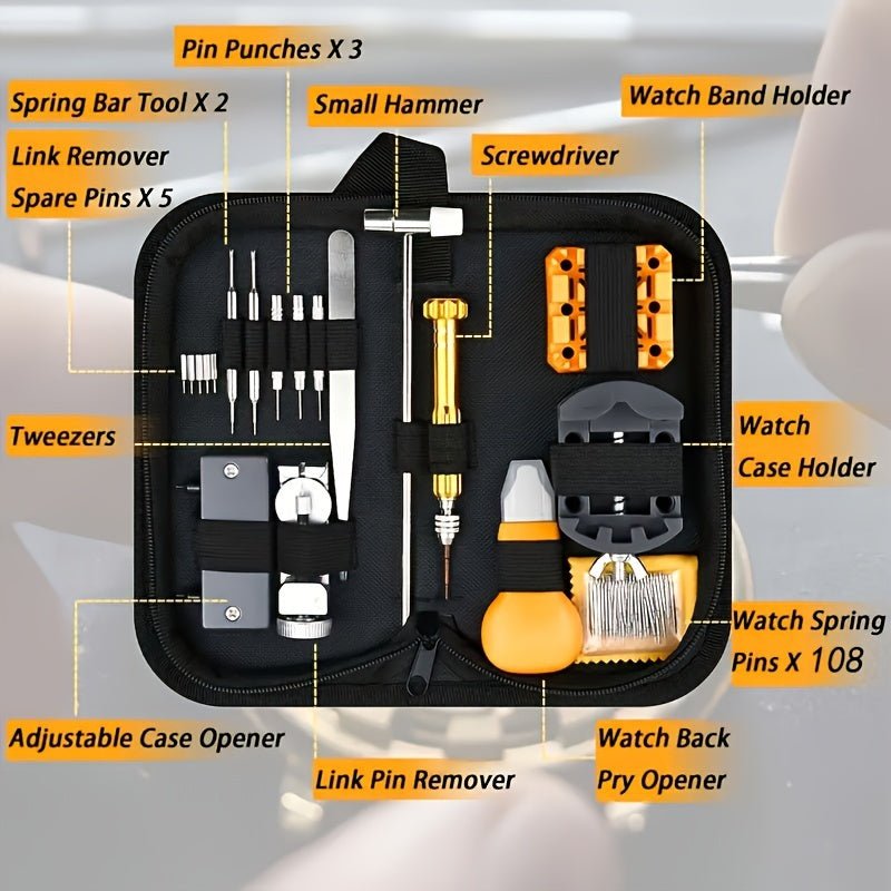 132pcs Watch Repair Tool Kit, Repair Tools, Watch Battery Replacement Tool Kit, Professional Watch Tool Kit, with Watch Strap Link Disassembly Tool, with 6 Extra Pins and Strap Tools, Strap Pins have 18 Sizes, Suitable for Watch Repair, It is an Ideal GifYU240383