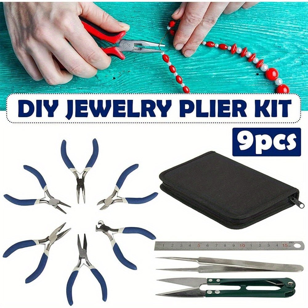 9Pcs Jewellery Pliers DIY Plier Jewellery Repair Tools Jewellery Tools with Pliers Scissors Ruler Jewellery Pliers Set Jewellery Making Tool Kit Case for Jewelry Earring BeadingRC166683