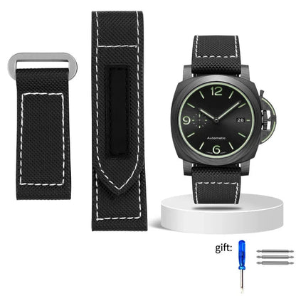 24mm High Quality Nylon Fabric Watch Band Fit for Panerai Luminor PAM01118 Army green Canvas Genuine Leather Strap Bracelet200000049:201009050#Black White Silver;200000051:100016946#26mm