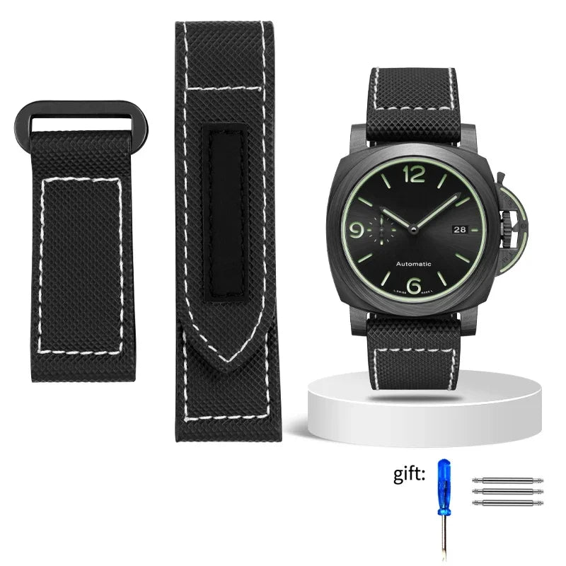 24mm High Quality Nylon Fabric Watch Band Fit for Panerai Luminor PAM01118 Army green Canvas Genuine Leather Strap Bracelet200000049:201102690#Black White black;200000051:100016946#26mm